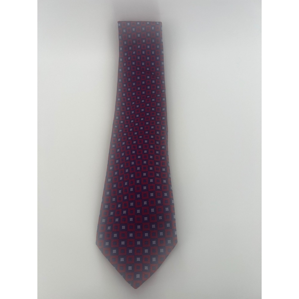 Sartori Made in Italy Silk Tie Mens Red Navy Blue Geometric Square Pattern 60in